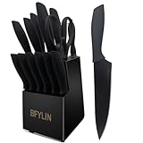 BFYLIN Messer set, 15 Teiliges Küchenmesser set mit Holzblock, Messer block set mit Antihaftbeschichtung,Santokumesser Kochmesser Brotmesser Schälmesser Steakmesser Anspitzer (15 Stücke Set)