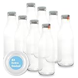 FLASCHENBAUER – Milchflaschen 1 Liter – 8x Glasflaschen 1 Liter – Twist-Off-Deckeln + Ersatz TO48 – Saftflasche, Smoothie Flasche & Weithalsflasche – Robust, temperaturbeständig [Weiße-Flasche]
