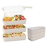 AOYMJRS Bento Box -3-Schicht Brotdose 900ml Lunchbox mit 3-Fächern und mit Besteck -Lagige Vesperdose für Erwachsene Kinder Brotbüchse zum Schule Arbeit Picknick Reisen (Beige)
