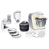 Bosch Hausgeräte Küchenmaschine Serie 4 MUM58920, Edelstahl-Schüssel 3,9 L, Mixer 1,25 L, Planetenrührwerk, Knethaken, Schlag- und Rührbesen, Durchlaufschnitzler,1000 W, Beige/Silber