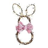 Ostern Hängegirlande für den Innen und Außen Ostern Handgemachte Rattan Dekoration Kaninchen Form Kranz DIY Kranz Faltbare Rattan Kaninchen Anhänger LED Deko Frühling Ostern Künstlicher Blumenkranz