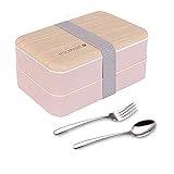 Original Bento Box Brotdose Lunchbox für Erwachsene/Kinder mit Fächern Essensbox Bündel Teiler Japanischer Stil mit Ddelstahl Besteck Löffel und Gabel (Rosa)