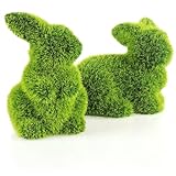 com-four® 2X Dekofigur - Osterhase - grüne Hasenfigur aus Keramik - kunstvoll gefertigte Dekofiguren für Frühling und Ostern - Hasenpaar mit Kunst-Gras überzogen - Osterdeko (2 x Hase-11 cm)