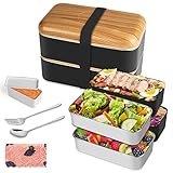 HOLIPOT Bento Box im japanischen Stil 2-stufige Lunchbox mit 2 Stück umweltfreundlichem PP-Behälter und Edelstahlbehälter, Brotdose mit Fächern für Kinder und Erwachsene, Snack-Verpackung