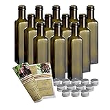 gouveo 12er Set leere Glasflaschen 'Mara Antik' 250 ml mit Schraubverschluss und Rezeptbroschüre - Kleine Flasche zum selbst Abfüllen - Likörflasche, Schnapsflasche, Ölflasche