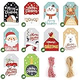 Koogel Geschenkanhänger für Weihnachten, 100 Stück 10 Verschiedene Designs Geschenkanhänger Etiketten mit 20M Schnuren für Weihnachten Dekoration 7 x 4.5cm