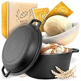 KRUSTENZAUBER Gusseisen Topf Brot Backen [inkl. Gärkorb] - Robuster 26cm gusseiserner Brottopf zum backen - Ideale Brotbackform mit Deckel, Gusseisentopf Brotbacken, Brot Backen Zubehör Simmertopf