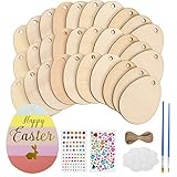 LOPOTIN 56TLG Holz Ostereier zum Bemalen Set Ostern Eier Holzscheiben mit Loch zum Aufhängen Easter Eggs 50 Oval Scheiben mit Hanfseil Strass Selbstklebend Basteleier für Draussen Innen Frühlingsdeko