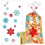 100 Stück Schneeflocke Weihnachten Plätzchentüten, Transparent Cellophantüten Candy Bar Süßigkeiten Tüten mit Twist Krawatten für Bonbon Plätzchen
