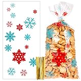 100 Stück Schneeflocke Weihnachten Plätzchentüten, Transparent Cellophantüten Candy Bar Süßigkeiten Tüten mit Twist Krawatten für Bonbon Plätzchen