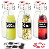 Praknu 6er Set Glasflaschen 500ml mit Bügelverschluss - Bügelflaschen Zum Befüllen - inkl 6 Extra Dichtungen & 12 Etiketten mit Stift - Glasflaschen für Öl, Essig, Saft & Limonade