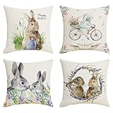 4er Set Kissenhülle Ostern Happy Easter Dekoration Kissenbezüge Osterdeko Baumwolle Leinen Kissenbezüge Ostern Hase Sofa Kissen für Wohnzimmer Büro Auto Dekor