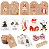 Koogel Weihnachten Kraftpapier Etiketten, 100 Stück 10 Verschiedene Designs Geschenkanhänger Etiketten mit 20M Schnuren für Weihnachten Dekoration 7 x 4.5cm