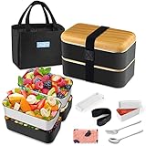 HOLIPOT Bento Box, Lunchbox Brotdose mit Fächern 2 Ebenen mit 2 Stück Umweltfreundlichen PP & Edelstahlbehältern, mit Gabel-Löffel-Teilern Tragetasche,für Kinder und Erwachsene Schwarz