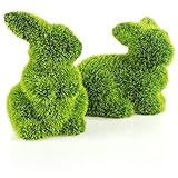 com-four® 2X Deko-Osterhase aus Keramik mit Gras überzogen - kunstvoll gefertigte Dekofiguren zur Osterdekoration - Deko-Hase in grün [Auswahl variiert!] (2 x Hase-11 cm)