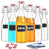 Praknu 6er Set Glasflaschen 250ml mit Bügelverschluss - Bügelflaschen Zum Befüllen - inkl. 6 Extra Dichtungen & 12 Etiketten mit Stift - Glasflaschen für Öl, Essig, Saft & Limonade