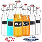Praknu 6 Glasflaschen mit Bügelverschluss 250 ml - 6 Extra Dichtungen inkl. 12 Etiketten mit Stift