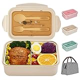 Bento Box für Kinder Erwachsene, SHAKNIFE 1400ML Luftdichte Lunchbox mit Lunchtasche Löffel Gabel, BPA-Freie und Lebensmittelechte Brotdose mit 3 Fächern (Beige)