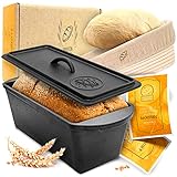 KRUSTENZAUBER Brotbackform mit Deckel [inkl. Gärkorb] - Robuste 28cm Backform aus Gusseisen - Ideal als Kastenform, Toastbrot Backform, Brotform, Gusseisen Topf Brot backen Zubehör, Auflaufform
