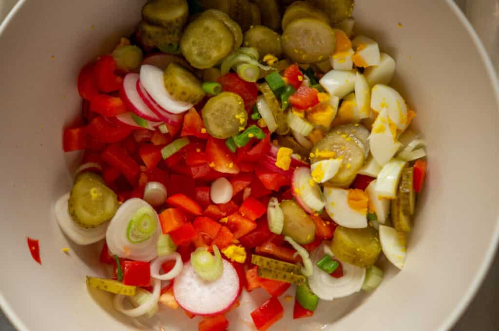 Bunter Kartoffelsalat aus dem Thermomix® 10 zutaten in eine schuessel geben