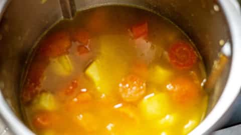 Pastinaken-Karotten-Suppe Zutaten im Mixtopf