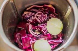 Rotkohl und Zwiebeln im Mixtopf