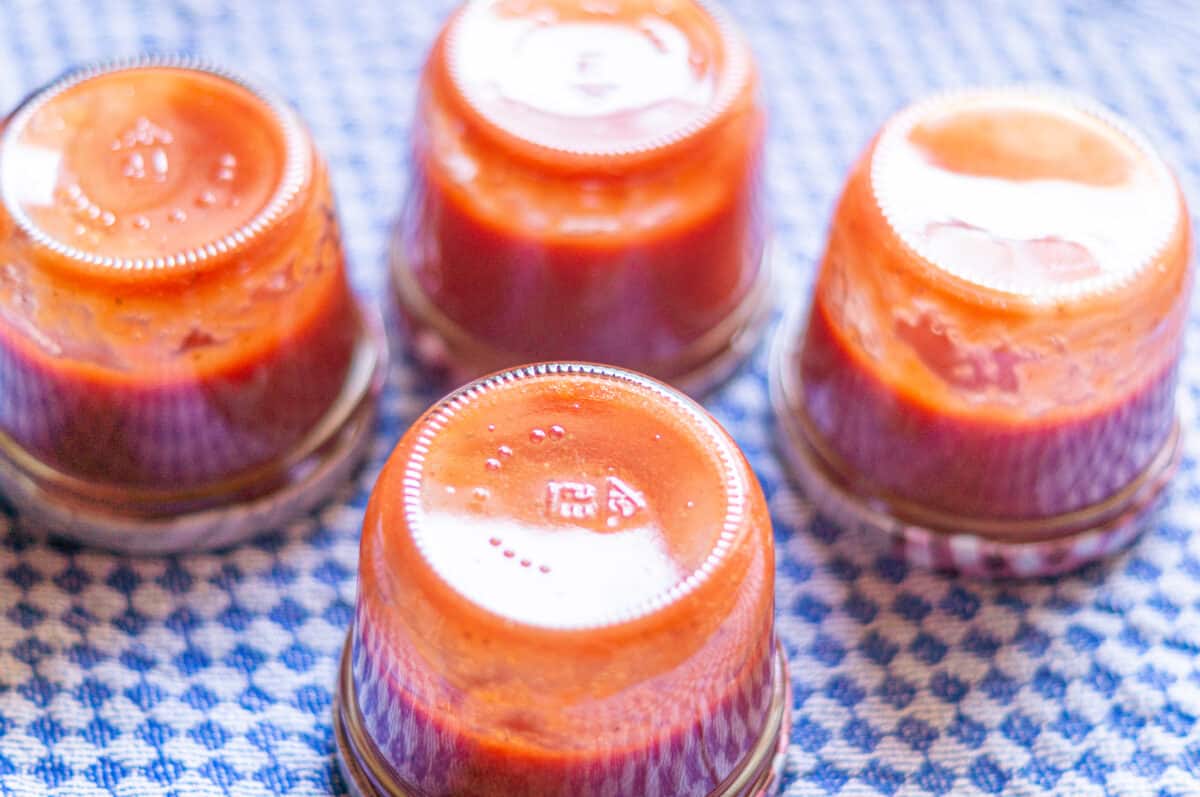 Erdbeerketchup aus dem Thermomix® 7 Erdbeerketchup Gläser umgedreht