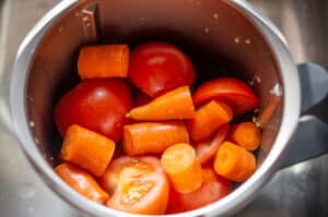 Karotten und Tomaten im Mixtopf