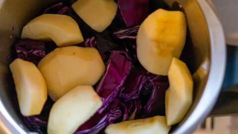 Rotkohl und Äpfel im Mixtopf des Thermomix® zerkleinern