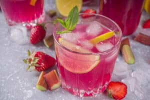 Erdbeer-Rhabarber-Gin aus dem Thermomix® auf Eis, mit Minze, Erdbeeren und Rhabarbersücken