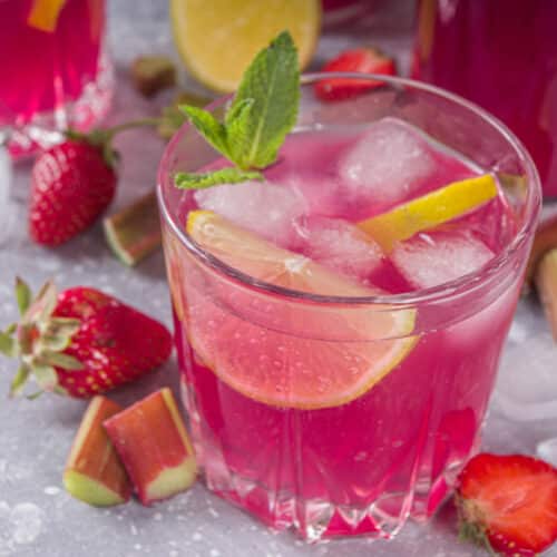 Erdbeer-Rhabarber-Gin aus dem Thermomix® auf Eis, mit Minze, Erdbeeren und Rhabarbersücken