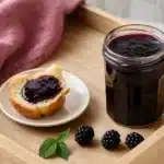 Kernarme Brombeermarmelade im offenen Glas mit Brombeeren