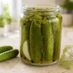 Eingelegte Gewürzgurken im Glas mit Dill und Senfkörnern