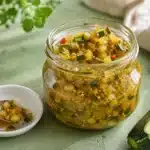 Stückiges Zucchini-Relish im Glas mit sichtbaren Senfkörnern