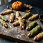Hexenfinger aus dem Thermomix®: Mürbeteig-Finger mit Mandel als Fingernagel und Himbeermarmelade als Blut auf einem Holzbrett