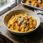 Kürbis-Feta-Pasta aus dem Thermomix®: cremige orangefarbene Fusilli mit gebackenen Kürbiswürfeln, Feta und Thymian in einer Steingutschale