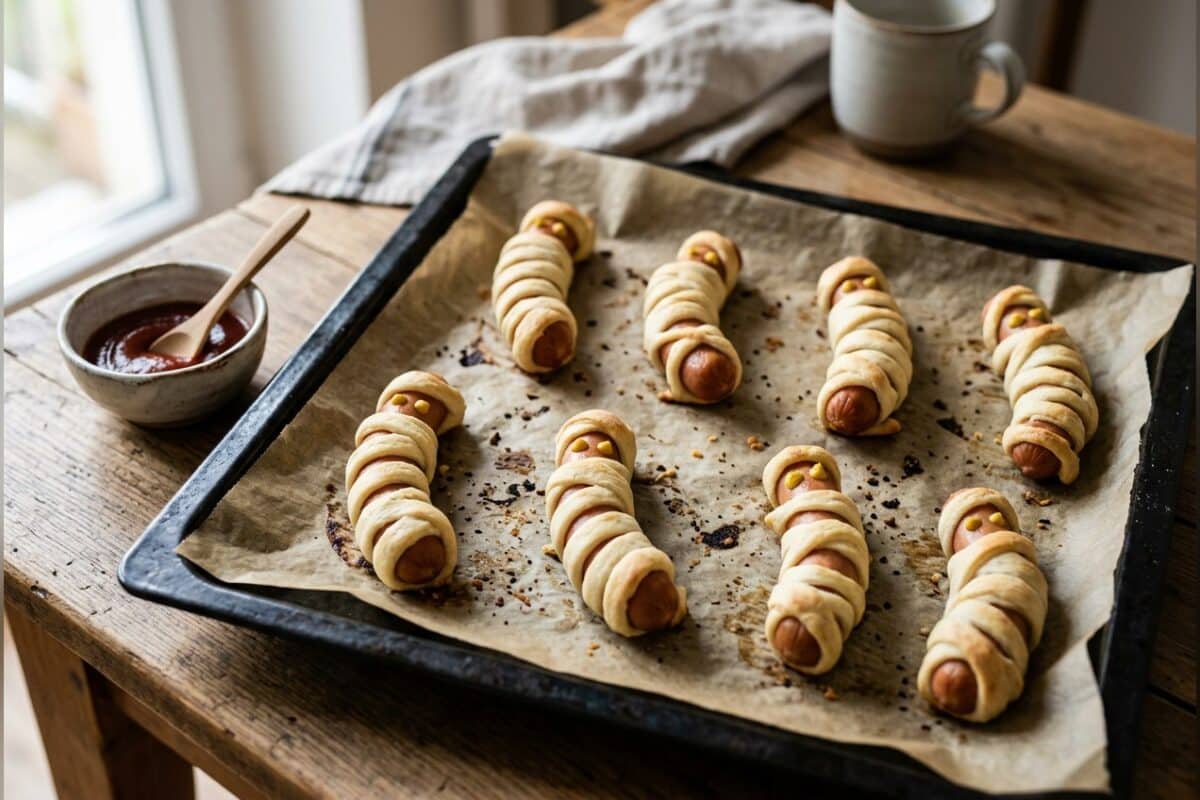 Mumien-Würstchen Thermomix®: 10 Stück im Quark-Öl-Teig für Halloween 1 Mumien-Würstchen Thermomix®: 10 Stück im Quark-Öl-Teig für Halloween