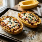 Spaghettikürbis aus dem Thermomix®: zwei gebackene Kürbishälften mit Tomatensoße, Mozzarella und Basilikum auf einem Backblech